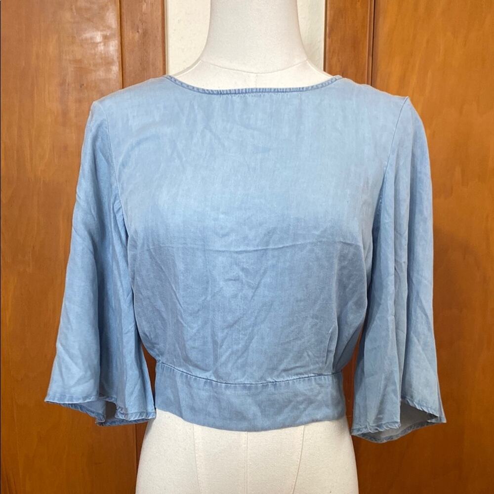 NWT Light Blue Denim Color Bell Sleeve Crop Blouse Back Tie Boho